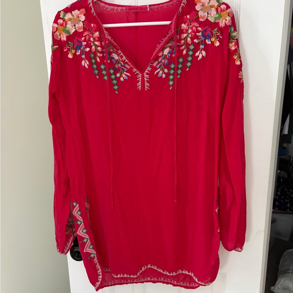 Johnny Was Red Floral Embroidered Tunic